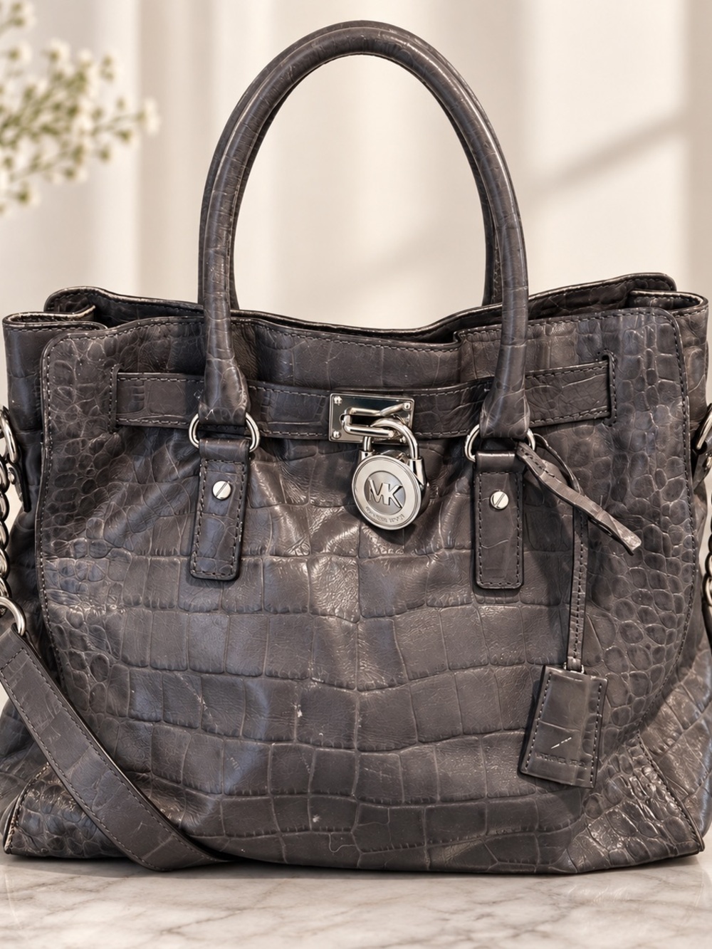 Michael Kors Hamilton Charcoal Gray Croc Embossed Leather Tote Bag